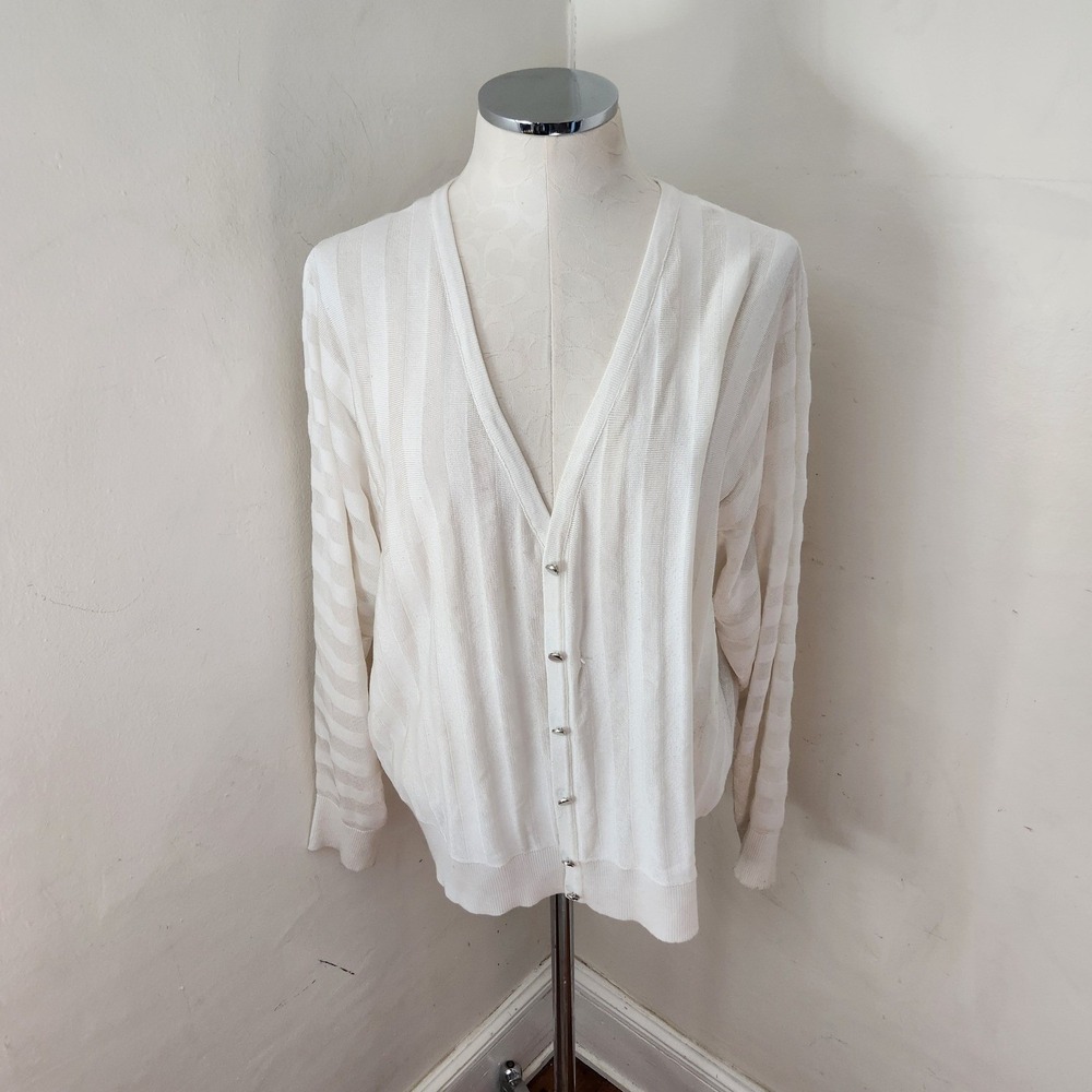 Tahari Womens White Sheer‎ Striped V-Neck Button Front Cardigan Sweater